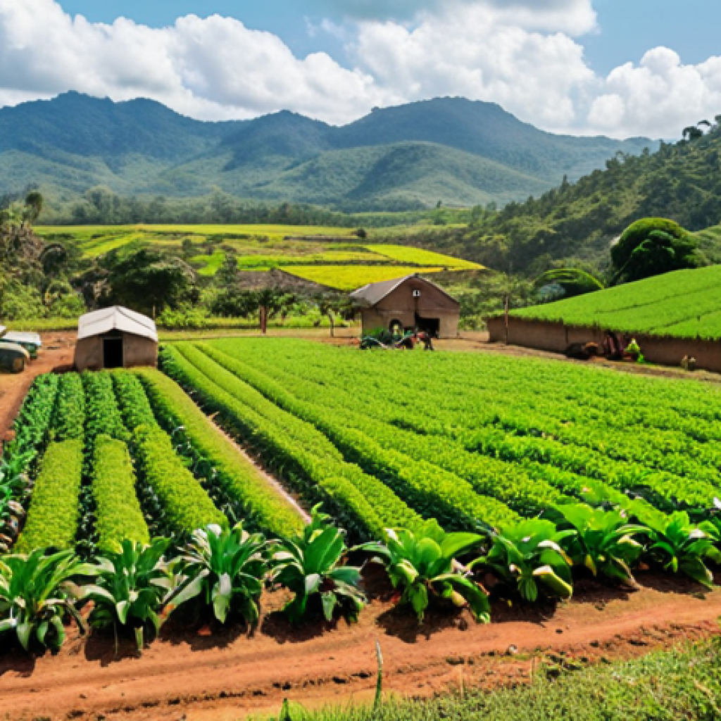 **

Lush Eswatini farmland showcasing diverse crops and happy farmers. Focus on organic farming, unique tropical fruits, and vibrant colors. A small-scale processing facility is visible in the background, hinting at value-added products.

**