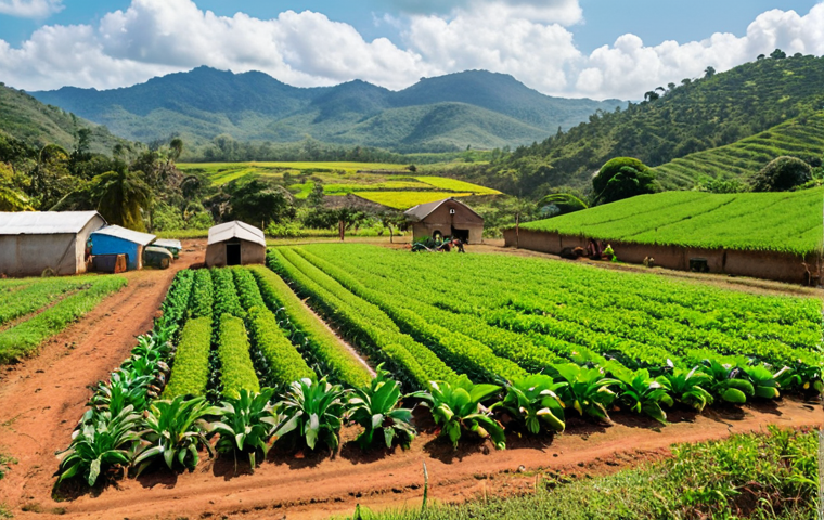 **
Lush Eswatini farmland showcasing diverse crops and happy farmers. Focus on organic farming, unique tropical fruits, and vibrant colors. A small-scale processing facility is visible in the background, hinting at value-added products.
**